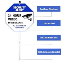 Heiokey 24 Hour Video Surveillance Sign With Stake 10 X 10 All Activities Are Monitored Warning Sign With 28 Inches Post Alumi