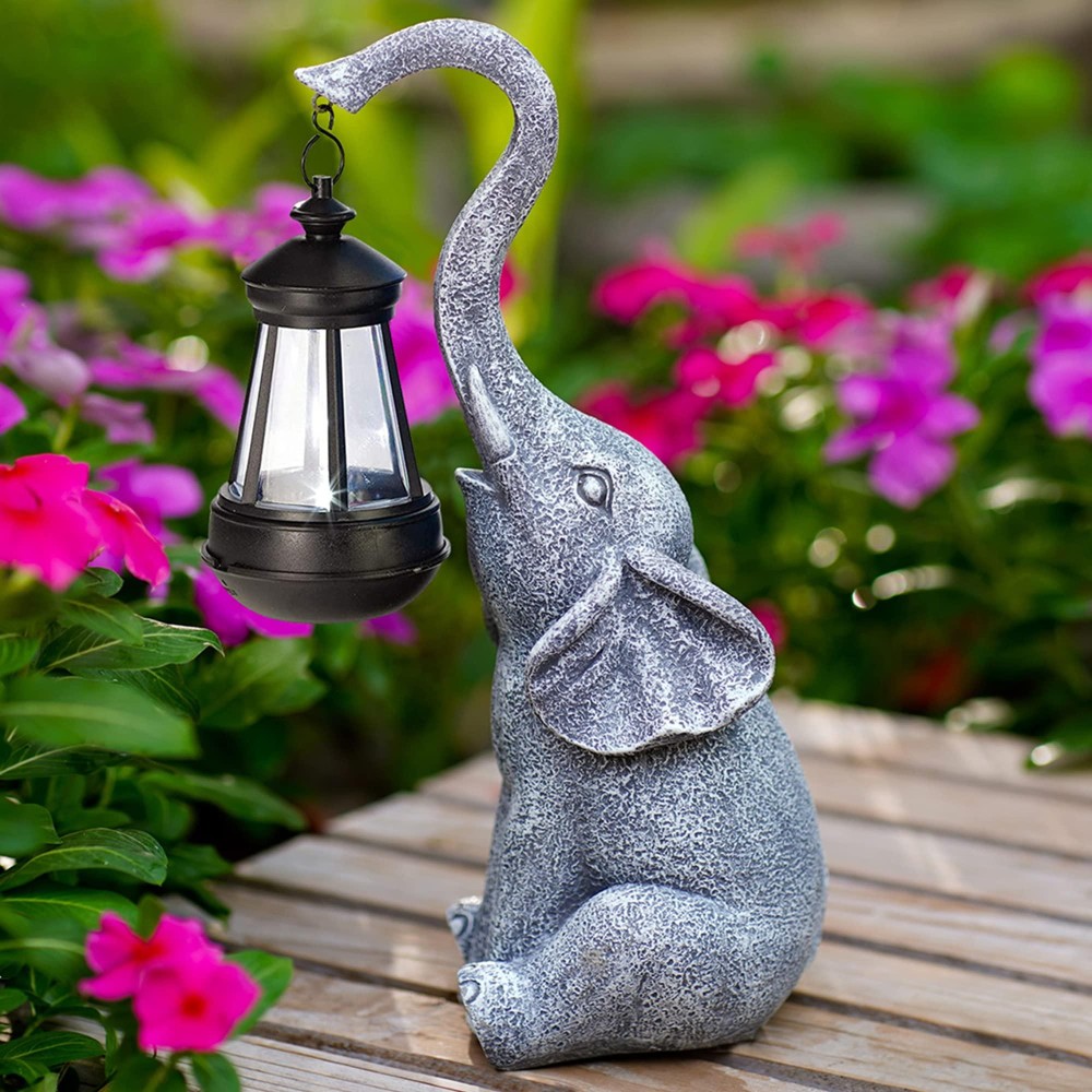 Goodeco Elephant Statue With Solar Lantern Elephant Decor With Solar Powered Led Light Garden Decor Made Easy Good Luck Elep