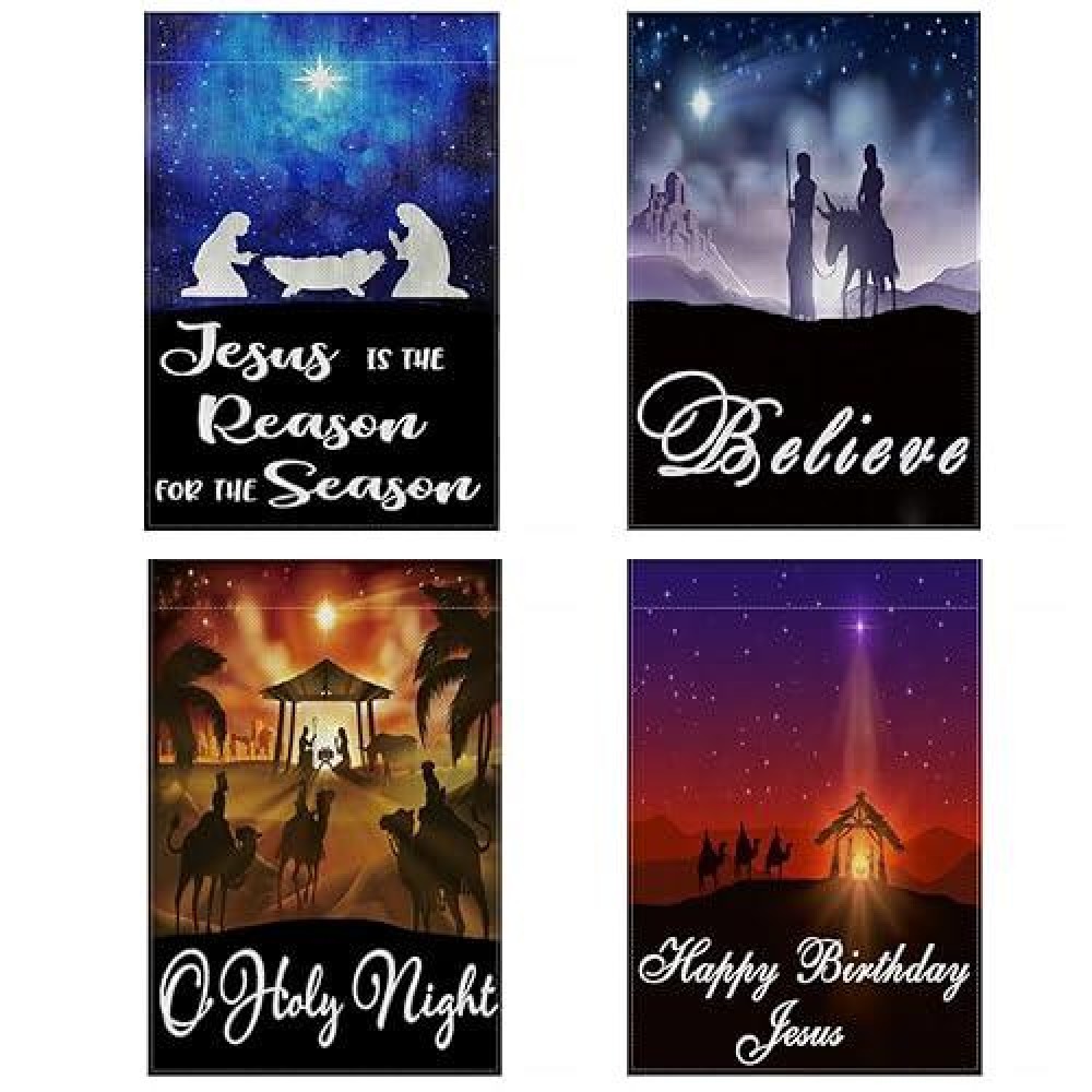 4 Pack O Holy Night Christmas Nativity Scene Garden Flag  12?18 Inch Double Sided Vertical Burlap Christmas Winter Believe Jesus Garden Flag  Jesus Is The Reason For The Season Garden Flag