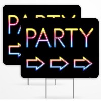 2Pc Party Signs With Stakes  17 Inches By 13 Inches - Double Sided Signs - Corrugated Plastic - Birthday Party This Way Sign With Arrow For Yard Outdoors