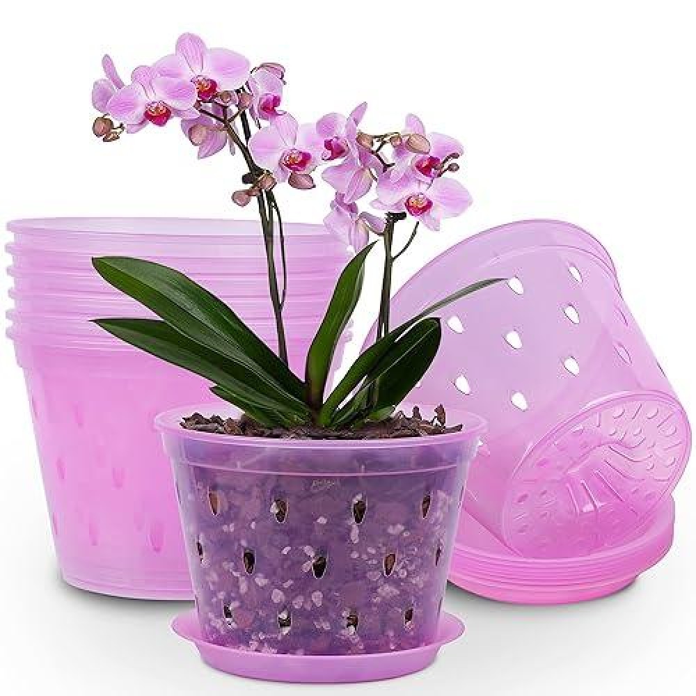 Kitypartsy 8 Pack 7 Inch Orchid Pots With Holes And Saucers Clear Plastic Orchid Pots Rose Quartz