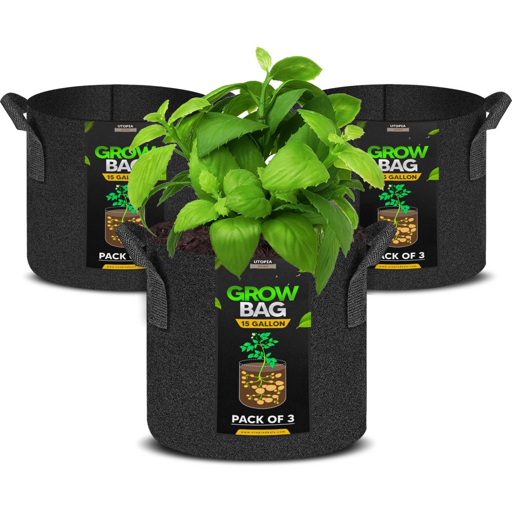 Utopia Home 3 Pack 15 Gallon Grow Bags 300G Thickened Nonwoven Plant Fabric Pots For Outdoor Grow Pots Garden Plant Bags Aer