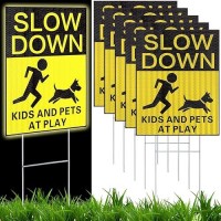 6 Pcs Reflective Kids And Pets At Play Safety Signs With Metal Stake 15 X 12 Inch Double Sided Slow Down Caution Warning For Str