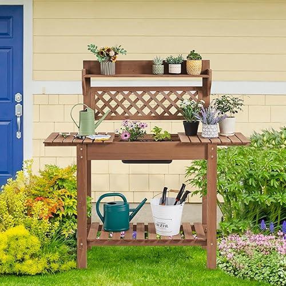 Yaheetech Potting Bench Table Outdoor Garden Horticulture Wooden Workstation Benches Wsliding Tabletopremovable Sinkstorage S