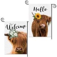 2 Pack Highland Cow Garden Flag  Spring Summer Welcome Sunflower Cow Garden Flag  12 X 18 Inch Double Sided Vertical Burlap Floral Cow Farmhouse Flag For Seasonal Outdoor Yard Decoration