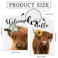 2 Pack Highland Cow Garden Flag  Spring Summer Welcome Sunflower Cow Garden Flag  12 X 18 Inch Double Sided Vertical Burlap Floral Cow Farmhouse Flag For Seasonal Outdoor Yard Decoration