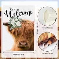 2 Pack Highland Cow Garden Flag  Spring Summer Welcome Sunflower Cow Garden Flag  12 X 18 Inch Double Sided Vertical Burlap Floral Cow Farmhouse Flag For Seasonal Outdoor Yard Decoration