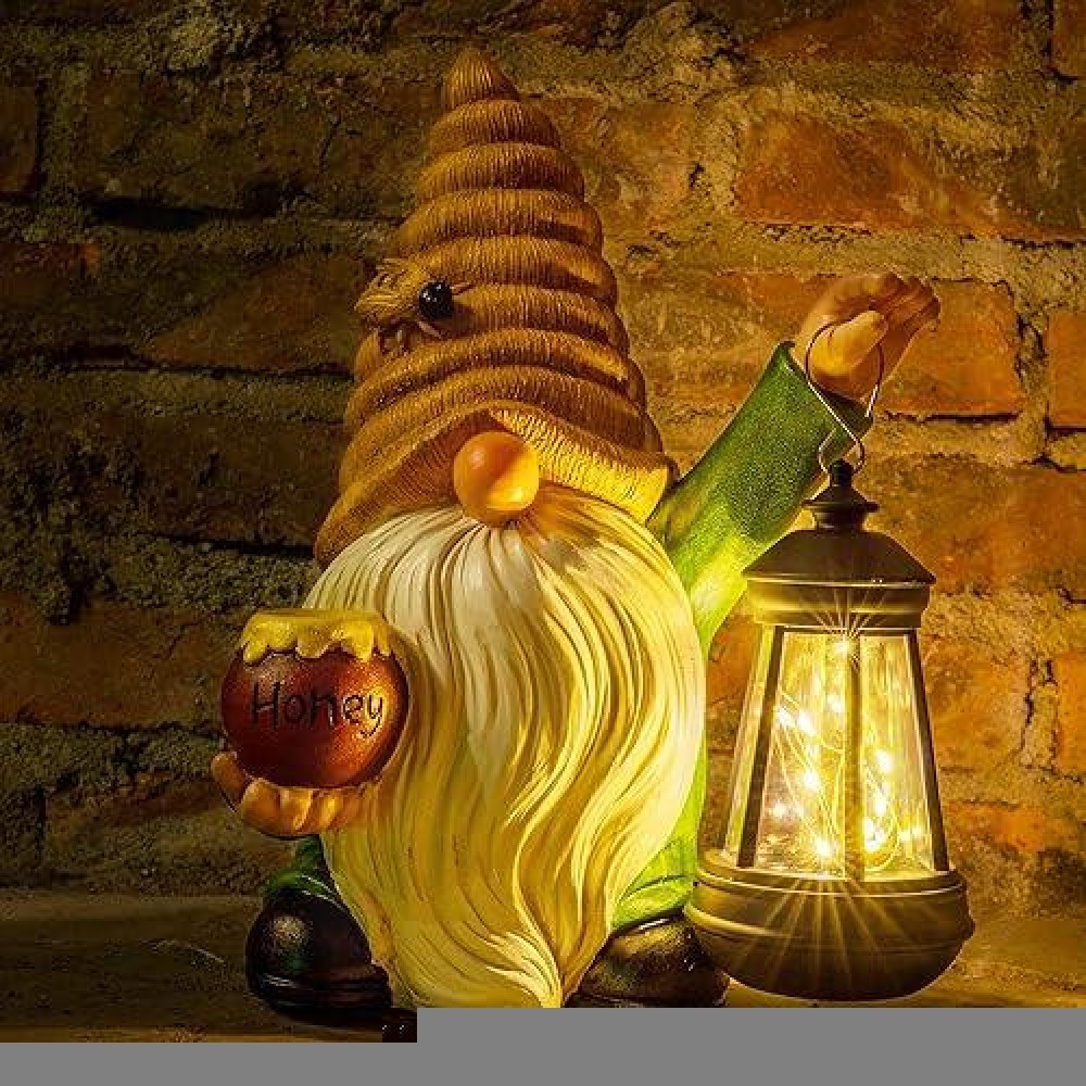 Wondhome 12.3''Solar Garden Gnome Outdoor Decor Honey Bee Jar Gnome Statue With Led Lantern Fall Patio Yard Art Decoration Christmas Gardening Birthday Gifts For Women Mom  Honey Bee Gnome