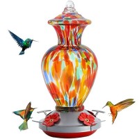 Birdkiss Hummingbird Feeder  Hand Blown Glass Hummingbird Feeders For Outdoors  Never Fade  28 Fluid Ounces  4 Feeding Metal Stations  Garden Backyard Decorative  Present For Mom(Rainbow)