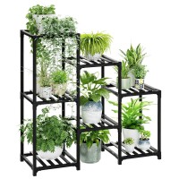 Bamworld Outdoor Black Plant Shelf Indoor Tiered Table For Multiple Plants 3 Tiers 7 Potted Ladder Plant Holder Pot Stand For Wi