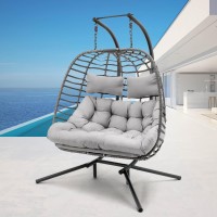 2 Person Hanging Egg Chair With Stand For Outdoor Patio Hand Made Rattan Wicker Double Egg Swing Chairs Hammock Chair With Uv R