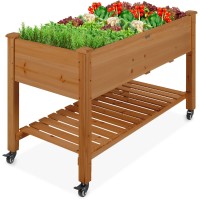 Best Choice Products Raised Garden Bed 48X24X32Inch Mobile Elevated Wood Planter Wlockable Wheels Storage Shelf Protective L