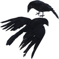 Yofit Halloween Crows Decorations 2 Pcs Extra Large Realistic Crows Artificial Ravens Black Feather Birds Prop For Indoor Outd