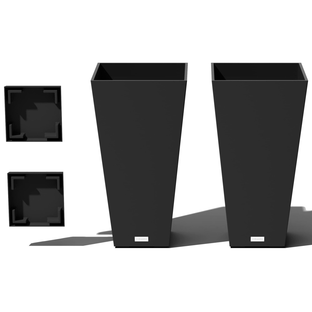 Veradek Vresin Indooroutdoor Taper Planter Black 26 Inch 2 Pack With 2 Saucer Trays