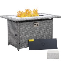 60000 Btu Wicker Gas Fire Pit Outdoor Fire Pit Table 45 Inch Fire Pits For Outside With Woodgrain Marble Tabletop Fire Pit Cover