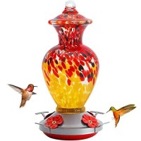 Birdkiss Hummingbird Feeder  Hand Blown Glass Hummingbird Feeders For Outdoors  Never Fade  28 Fluid Ounces  4 Feeding Metal Stations  Garden Backyard Decorative  Present For Mom(Red&Yellow)