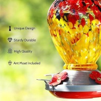 Birdkiss Hummingbird Feeder  Hand Blown Glass Hummingbird Feeders For Outdoors  Never Fade  28 Fluid Ounces  4 Feeding Metal Stations  Garden Backyard Decorative  Present For Mom(Red&Yellow)