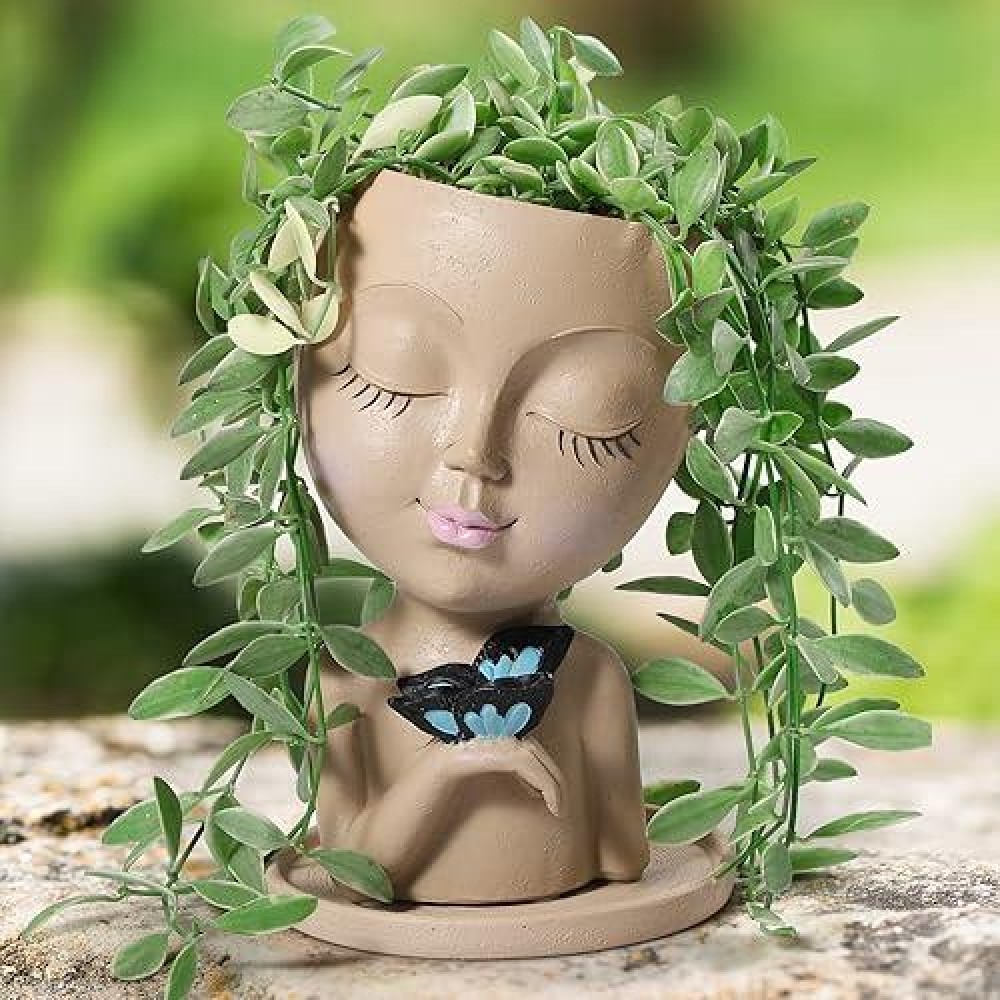 Cowatm Face Planters Pots Head For Indoor Outdoor Planter Pot With Butterfly Succulent Planter With Drainage Hole Cute Lady Fac