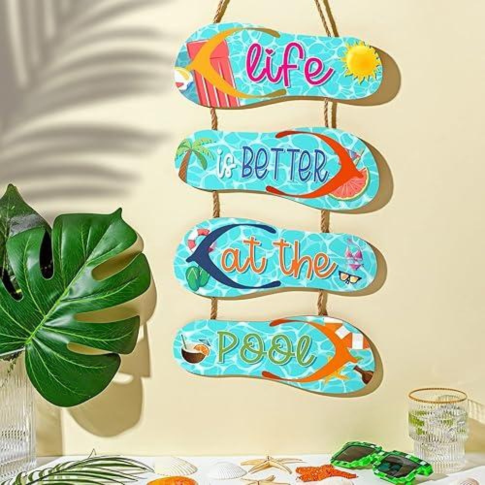 Panelee Swimming Pool Hanging Wooden Sign Summer Slippers Wall Hanging Decor Sign Flip Flop Pool Decorations Outdoor Decorative