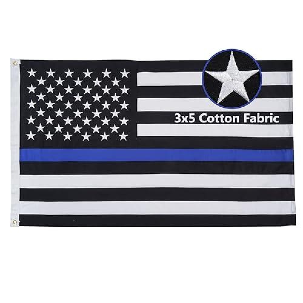 Homissor Thin Blue Line Flag Cotton Police Flags 3X5 Ft Embroidered Star Heavy Duty Back The Blue Flag Stripe Blue Line Lives Ma