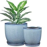 Ceramic Plant Pots 6 Inch + 5 Inch Set Of 2  Flower Plants Pot With Drainage Holes And Saucers Tray Blue Planter Garden Pot For Succulent Cactus Home Decoration Gift Indoor Outdoor