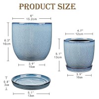 Ceramic Plant Pots 6 Inch + 5 Inch Set Of 2  Flower Plants Pot With Drainage Holes And Saucers Tray Blue Planter Garden Pot For Succulent Cactus Home Decoration Gift Indoor Outdoor