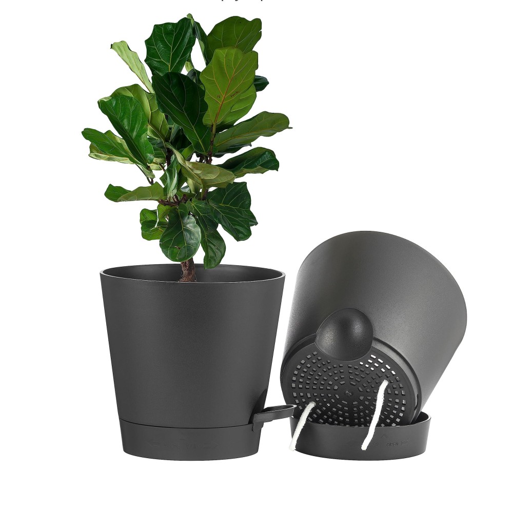 Faithland 2Pack 9 Inch Planter Pots For Indoor Outdoor Plants Self Watering Flower Pots With Deep Reservoir Black