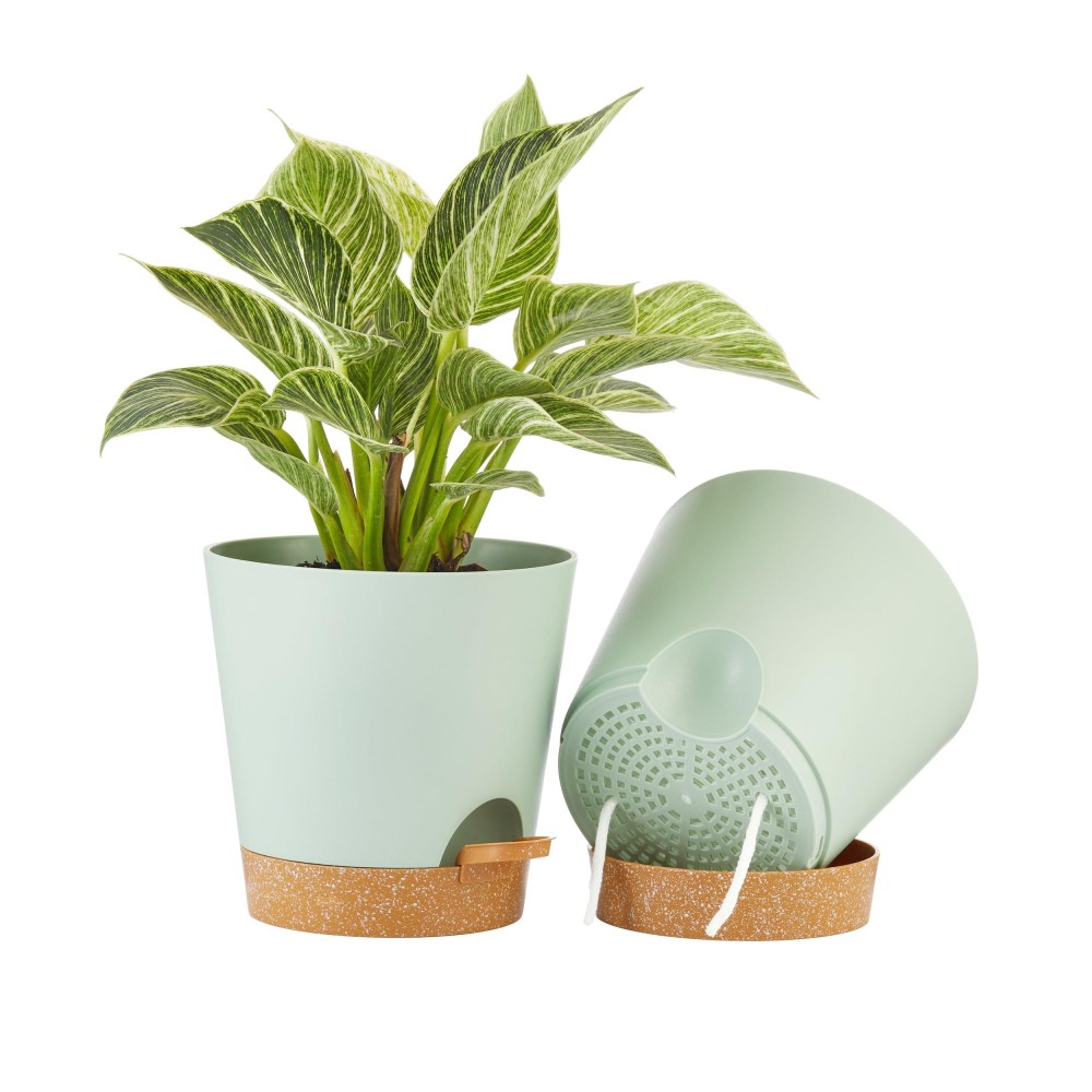 Faithland 2Pack 8 Inch Planter Pots For Indoor Outdoor Plants Self Watering Flower Pots With Deep Reservoir Green With Terrac