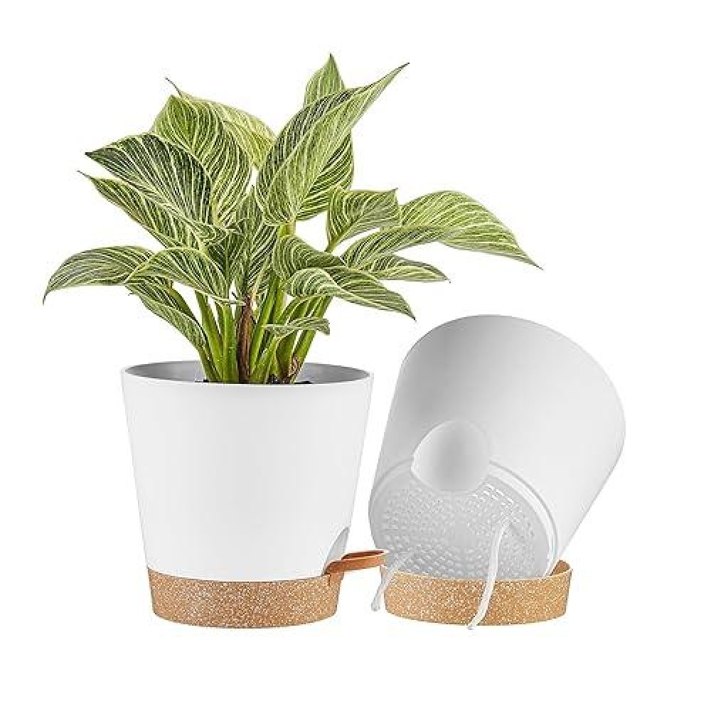 Faithland 2Pack 8 Inch Planter Pots For Indoor Outdoor Plants Self Watering Flower Pots With Deep Reservoir White With Terrac