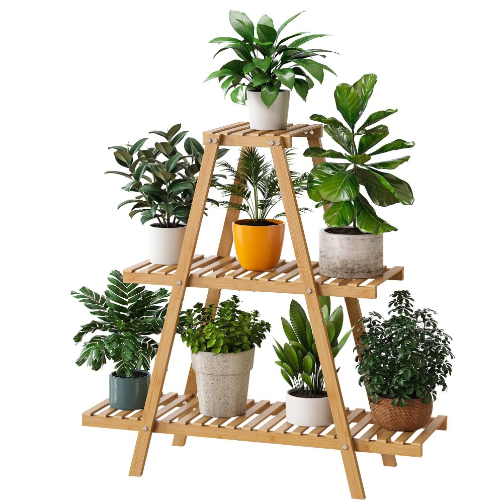 Furshus Plant Stand Indoor Outdoor Bamboo Plant Stands For Multiple Plants 3 Tier 8 Potted Flower Holder Ladder Plant Rack Pla