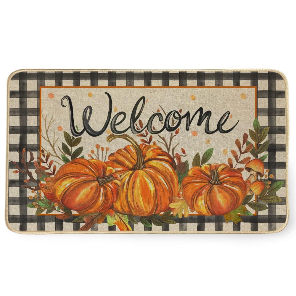 Geeory Fall Door Mat 17X29 Inch Pumpkin Leaves Welcome Buffalo Plaid Check Decorative Door Mats Thanksgiving Home Floor Rug Ind