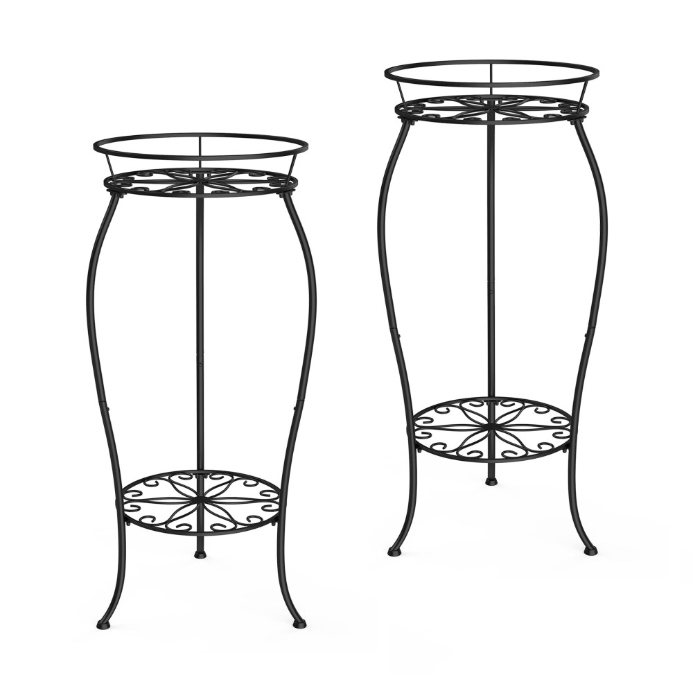 Faithland 2 Pack Metal Plant Stands Tall Planter Holder Indoor Outdoor 2 Tier Round Potted Supports Rack Corner Display Shelf