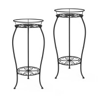 Faithland 2 Pack Metal Plant Stands Tall Planter Holder Indoor Outdoor 2 Tier Round Potted Supports Rack Corner Display Shelf