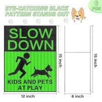 6 Pcs Reflective Kids And Pets At Play Safety Signs With Metal Stake 15 X 12 Inch Double Sided Slow Down Caution Warning For Str