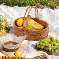 Lalasun Rattan Picnic Basket With Handles  Oval Wicker Gift Basket Hand-Woven Basket For Fruit  Basket For Wedding  Camping(12.6  9  3.5)