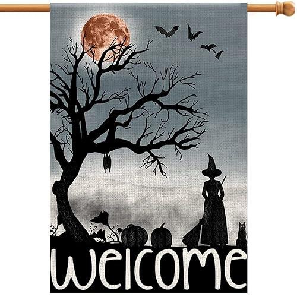 Welcome Halloween House Flag 28X40 Inch Double Sided Burlap Large Witch Pumpkin Flag Outside Porch Decor Halloween Yard Decorati