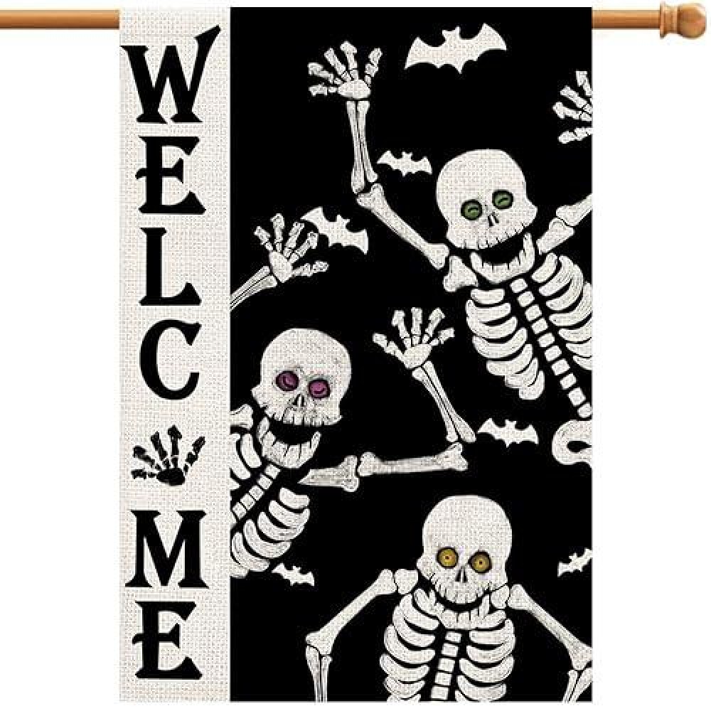 Welcome Halloween Skull Large House Flag Vertical Double Sided Burlap 28X40 Inches Yard Porch Outdoor Decor Df11928