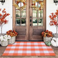 Orange And White Plaid Rug 28 X 43 Fall Front Door Decor Mat Cotton Washable Handwoven Door Mat For Layered Doormat Autu