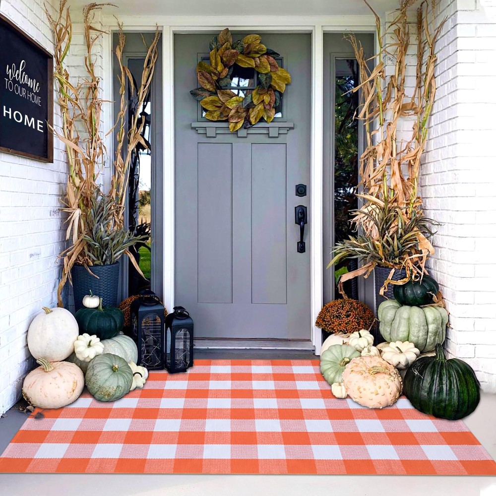 Orange And White Plaid Rug 4 X 6 Fall Outdoor Front Door Decor Mat Cotton Washable Handwoven Rug For Layered Doormat Autum