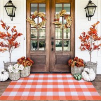 Orange And White Plaid Rug 3 X 5 Fall Front Door Decor Mat Cotton Washable Handwoven Door Mat For Layered Doormat Autumn H