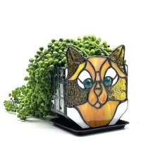 Entlityful Stained Glass Yellow Cat Planter Indoor Plant Tabletop Plant Display Yellow Cat Small Plant Pot Cat Terrarium Deco