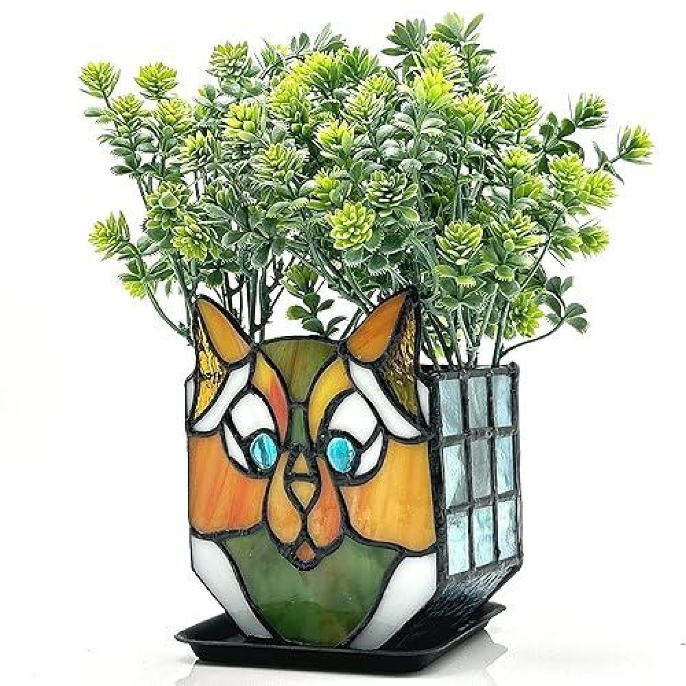 Entlityful Cat Flower Pots For Indoor Plants Stained Glass Cat Plant Displays Cat Succulent Planter Candle Holder Container Deco