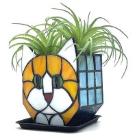 Entlityful Tiffany Style Orange Cat Stained Glass Flower Pots Indoor Plant Display Orange Cat Small Pots For Plants Gift For C