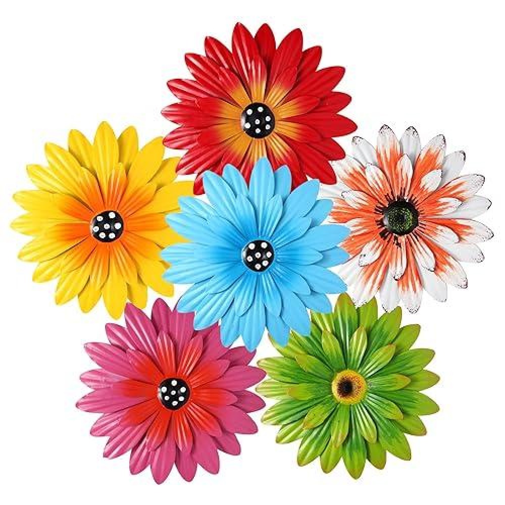 Yungeln 6 Pcs Metal Flowers Wall Decor Daisy Wall Decor Large Metal Flowers Wall Art Colorful Wall Sculptures Hanging Decoration