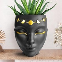 Bossa Linda Head Planter - Indoor & Outdoor Home Decor Gifts For Plant Lovers - For Flat Surface Or Wall Mount - Unique Face Planter For Flowers  Succulents  & More (7 Inch  Luna Design  Black)