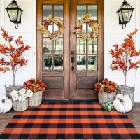 Orange And Black Plaid Rug 3 X 5 Fall Outdoor Front Door Decor Mat Cotton Washable Handwoven Rug For Layered Doormat Autum