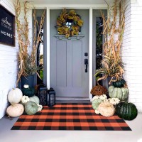 Orange And Black Plaid Rug 3 X 5 Fall Outdoor Front Door Decor Mat Cotton Washable Handwoven Rug For Layered Doormat Autum