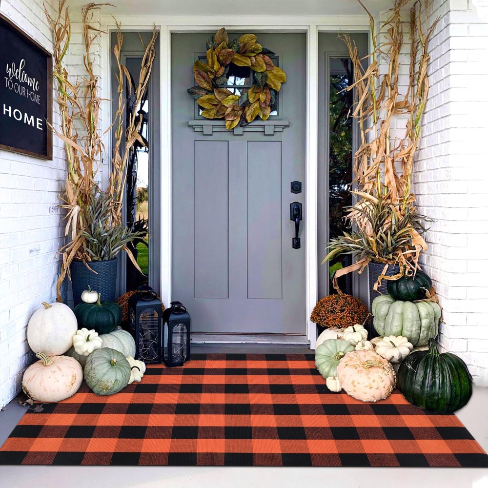 Orange And Black Plaid Rug 4 X 6 Fall Outdoor Front Door Decor Mat Cotton Washable Handwoven Rug For Layered Doormat Autum