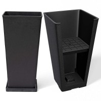 La Jolie Muse 26 Inch Tall Black Planters For Outdoor Plants Set Of 2 Tapered Planters With Trays Vshape Rectangular Garden Pla