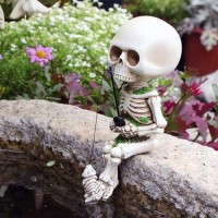 Jarpsiry Fishing Skeleton Statue Halloween Decorations 45 High Cute Skeleton Gnome Figurine Shelf Sitter Resin Sculpture For